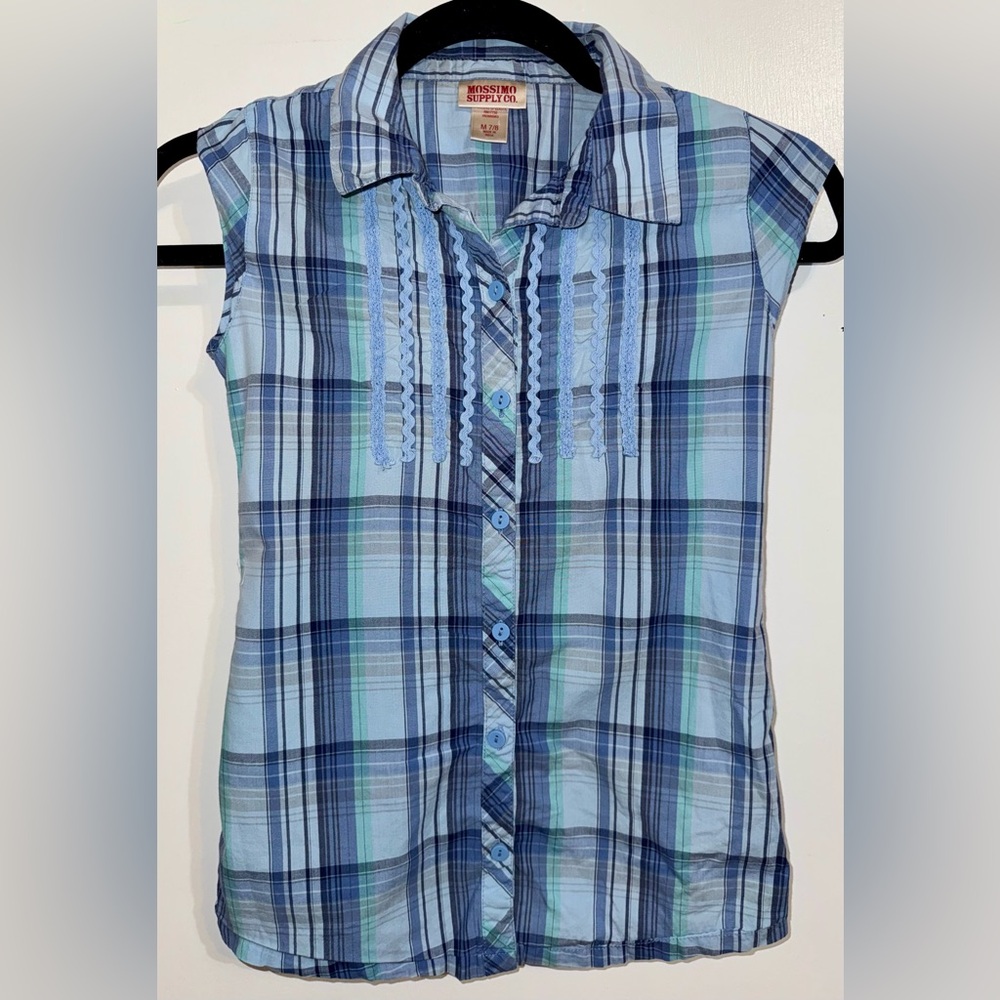 Mossimo supply Blue Plaid Sleeveless Button-Up Shirt m 7/8